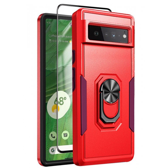 MARGOUN (Google Pixel 6 Pro) 2 Pack Hybrid Case and Screen Protector with Magnetic Metal Ring Holder Kickstand Rugged Military Drop Protection Cover Red