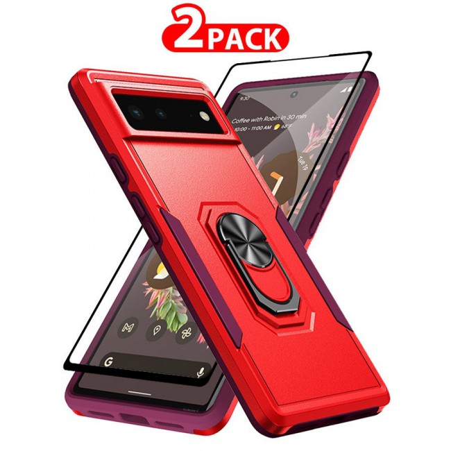 MARGOUN (Google Pixel 6) 2 Pack Hybrid Case and Screen Protector with Magnetic Metal Ring Holder Kickstand Rugged Military Drop Protection Cover Red