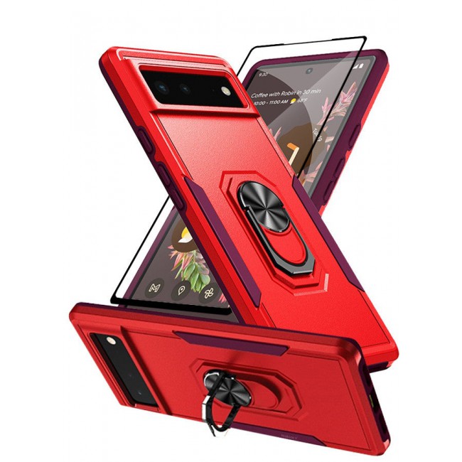 MARGOUN (Google Pixel 6) 2 Pack Hybrid Case and Screen Protector with Magnetic Metal Ring Holder Kickstand Rugged Military Drop Protection Cover Red