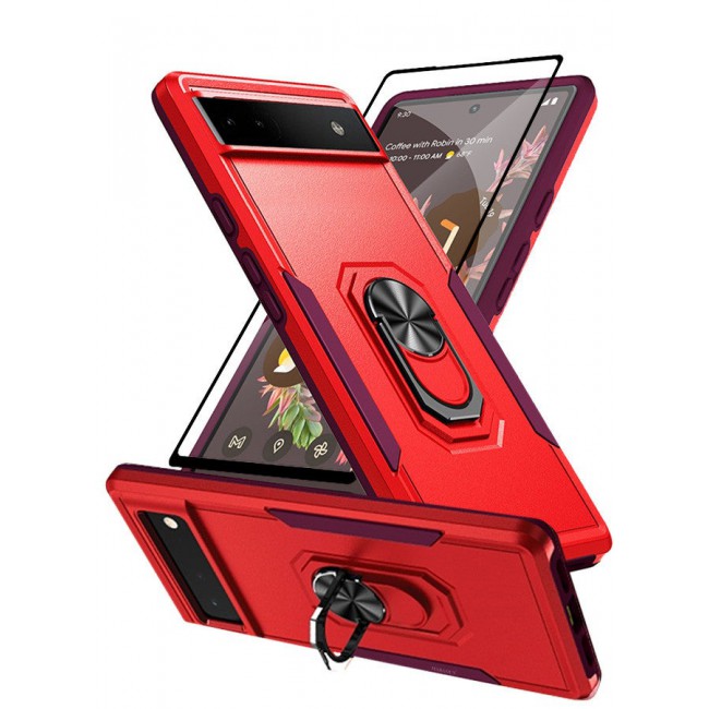 MARGOUN (Google Pixel 6a) 2 Pack Hybrid Case and Screen Protector with Magnetic Metal Ring Holder Kickstand Rugged Military Drop Protection Cover Red