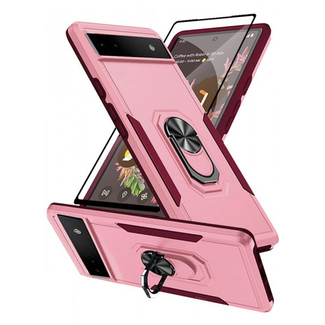 MARGOUN (Google Pixel 6a) 2 Pack Hybrid Case and Screen Protector with Magnetic Metal Ring Holder Kickstand Rugged Military Drop Protection Cover Pink
