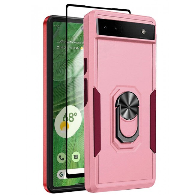 MARGOUN (Google Pixel 6a) 2 Pack Hybrid Case and Screen Protector with Magnetic Metal Ring Holder Kickstand Rugged Military Drop Protection Cover Pink