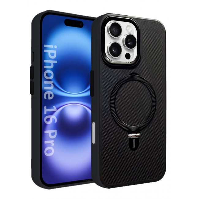MARGOUN ( for iPhone 16 Pro ) Case, Carbon Fiber Texture, Metal Bracket, Magsafe Kickstand Case Cover Black