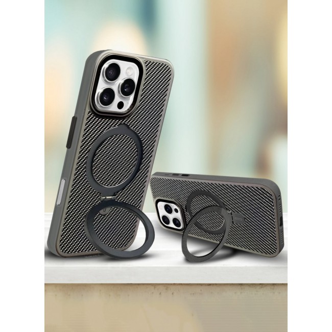 MARGOUN ( for iPhone 16 Pro ) 2 Pack, Case and Screen Protector, Carbon Fiber Texture, Metal Bracket, Magsafe Kickstand Case Cover Grey