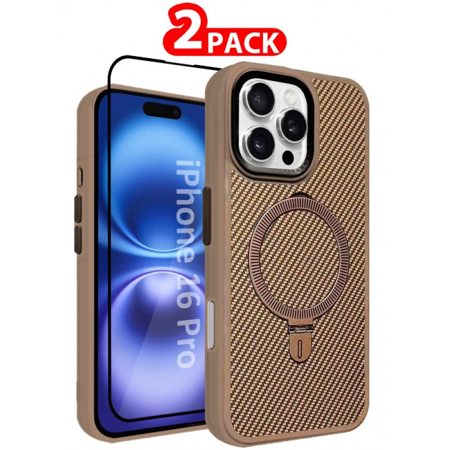 MARGOUN ( for iPhone 16 Pro ) 2 Pack, Case and Screen Protector, Carbon Fiber Texture, Metal Bracket, Magsafe Kickstand Case Cover Beige