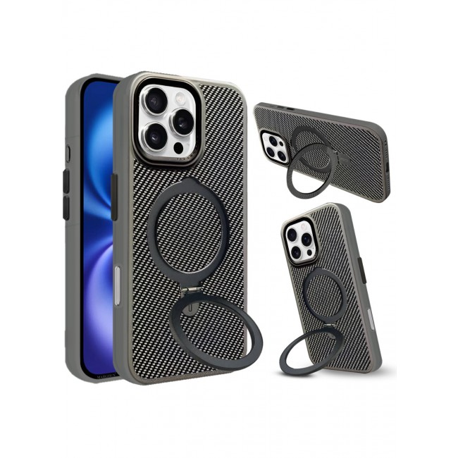 MARGOUN ( for iPhone 16 Pro ) Case, Carbon Fiber Texture, Metal Bracket, Magsafe Kickstand Case Cover Grey