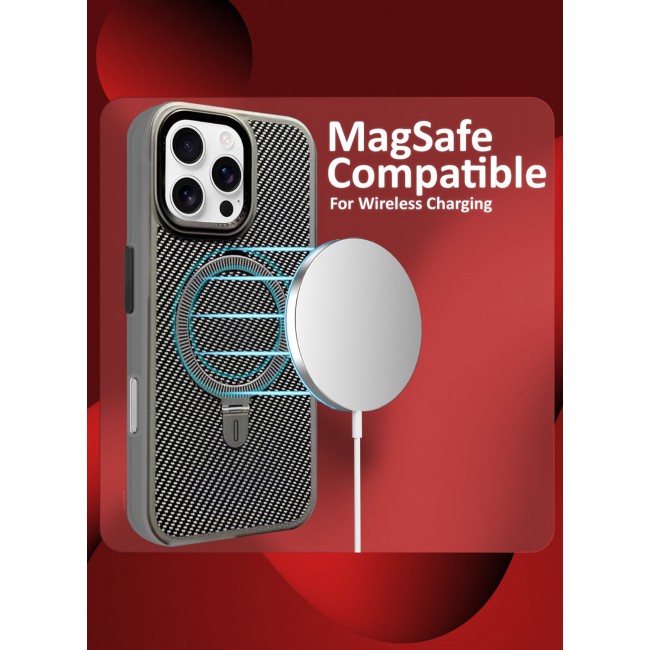MARGOUN ( for iPhone 16 Pro ) Case, Carbon Fiber Texture, Metal Bracket, Magsafe Kickstand Case Cover Grey