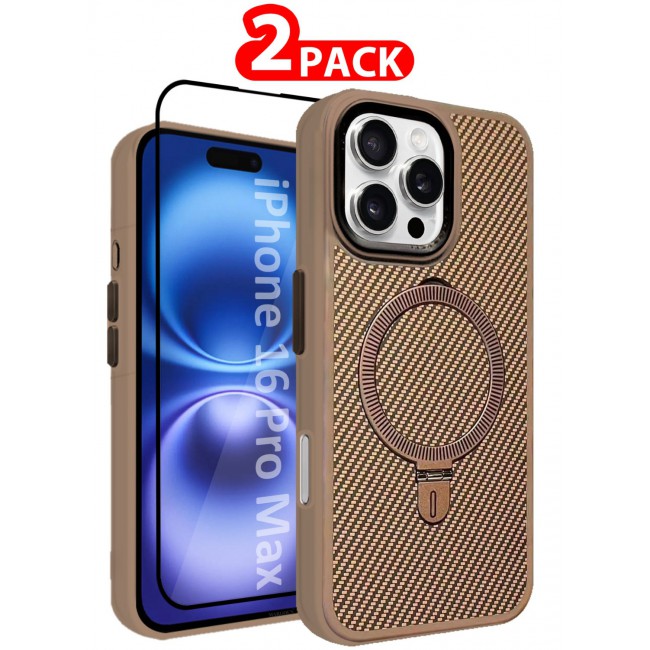 MARGOUN ( for iPhone 16 Pro Max ) 2 Pack, Case and Screen Protector, Carbon Fiber Texture, Metal Bracket, Magsafe Kickstand Case Cover Beige