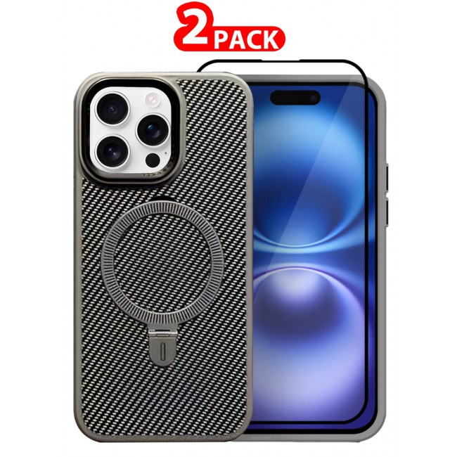 MARGOUN ( for iPhone 16 Pro Max ) 2 Pack, Case and Screen Protector, Carbon Fiber Texture, Metal Bracket, Magsafe Kickstand Case Cover Grey