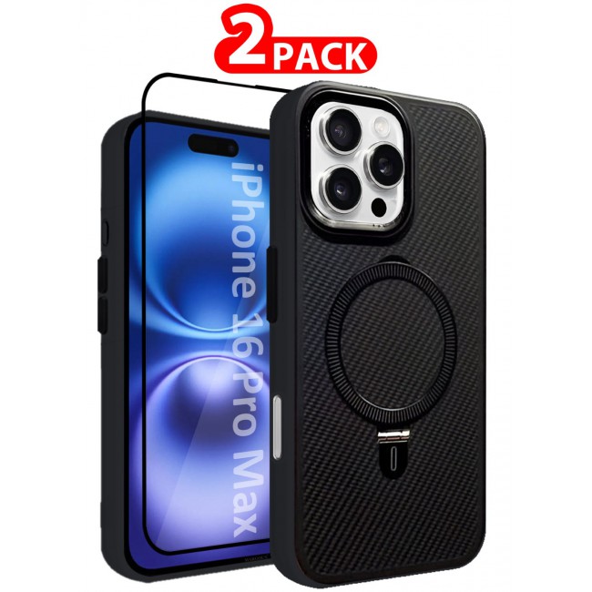 MARGOUN ( for iPhone 16 Pro Max ) 2 Pack, Case and Screen Protector, Carbon Fiber Texture, Metal Bracket, Magsafe Kickstand Case Cover Black