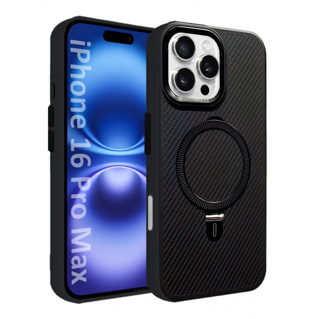 MARGOUN ( for iPhone 16 Pro Max ) Case, Carbon Fiber Texture, Metal Bracket, Magsafe Kickstand Case Cover Black
