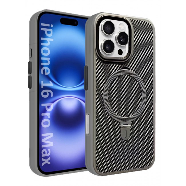 MARGOUN ( for iPhone 16 Pro Max ) Case, Carbon Fiber Texture, Metal Bracket, Magsafe Kickstand Case Cover Grey