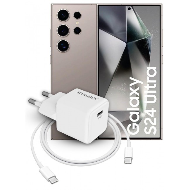 MARGOUN 25W PD Fast Charger Adapter Type C 2Pins with 1m Cable Type C for Samsung Galaxy S23 Ultra and S24 Ultra White