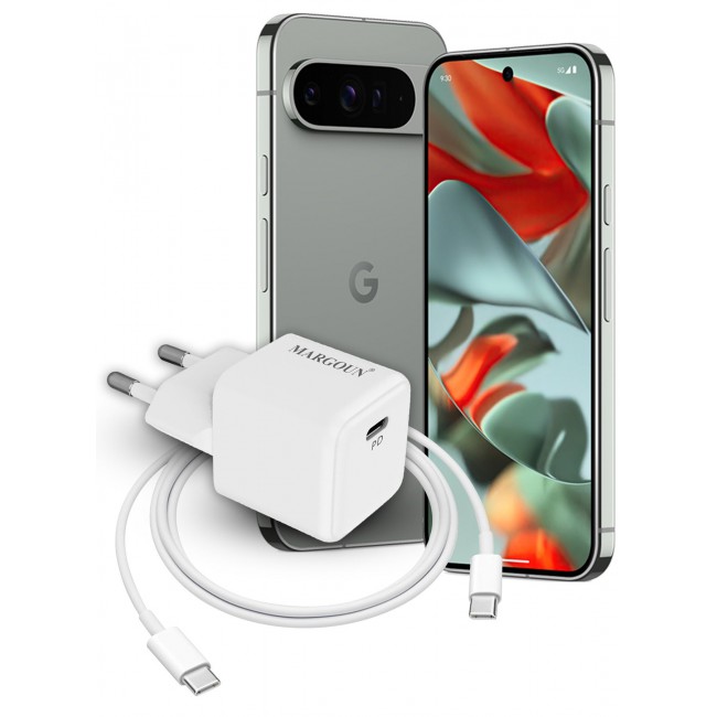 MARGOUN 25W PD Fast Charger Adapter Type C 2Pins with 1m Cable Type C for Google Pixel 8 Pro, 9 Pro, 9 XL and 9 Pro Fold White