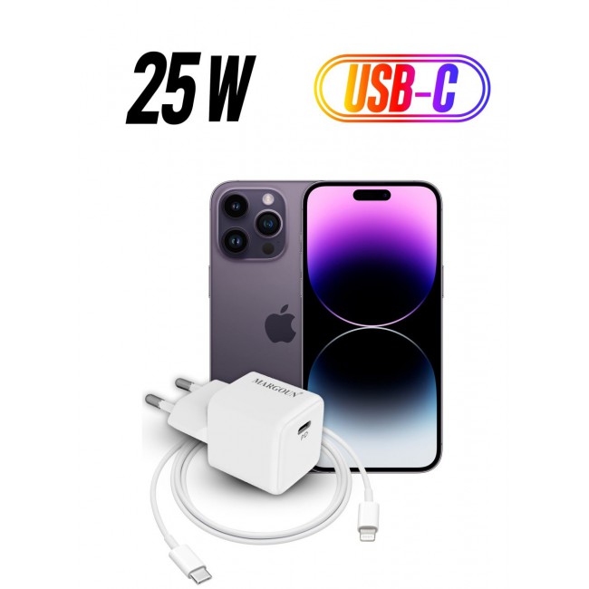 MARGOUN 25W PD Fast Charger Adapter Type C 2Pins with Lightning Cable 1m for Apple iPhone 14 Pro Max and 13 Pro Max White