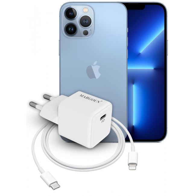 MARGOUN 25W PD Fast Charger Adapter Type C 2Pins with Lightning Cable 1m for Apple iPhone 14 Pro Max and 13 Pro Max White