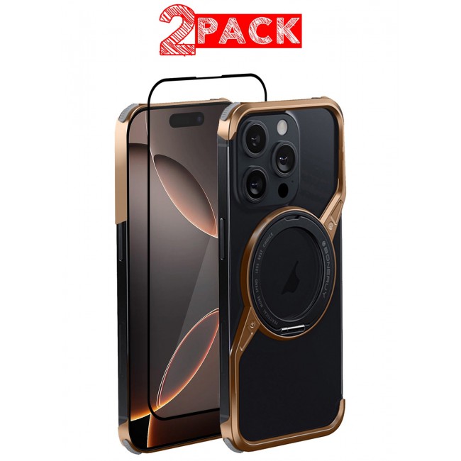 MARGOUN ( for iPhone 16 Pro Max ) 2Packs Frameless Magsafe Hard Case Cover Cool Luxury Design Z-shaped Light Metal with 360° Rotation Magnetic O Ring Stand with Screen Protector Desert Titanium