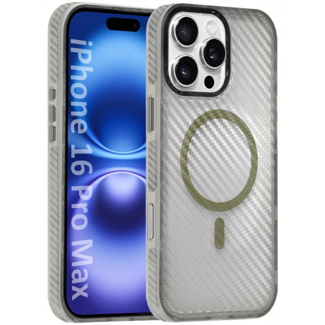 MARGOUN (for iPhone 16 Pro Max) Magsafe Case Cover Carbon Fiber Magnetic Strong Shockproof Protective Slim Thin Cover Transparent Matte - White