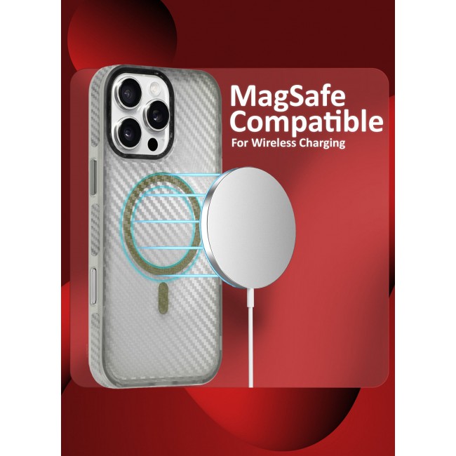 MARGOUN (for iPhone 16 Pro Max) Magsafe Case Cover Carbon Fiber Magnetic Strong Shockproof Protective Slim Thin Cover Transparent Matte - White