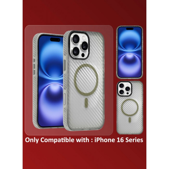 MARGOUN (for iPhone 16 Pro Max) Magsafe Case Cover Carbon Fiber Magnetic Strong Shockproof Protective Slim Thin Cover Transparent Matte - White