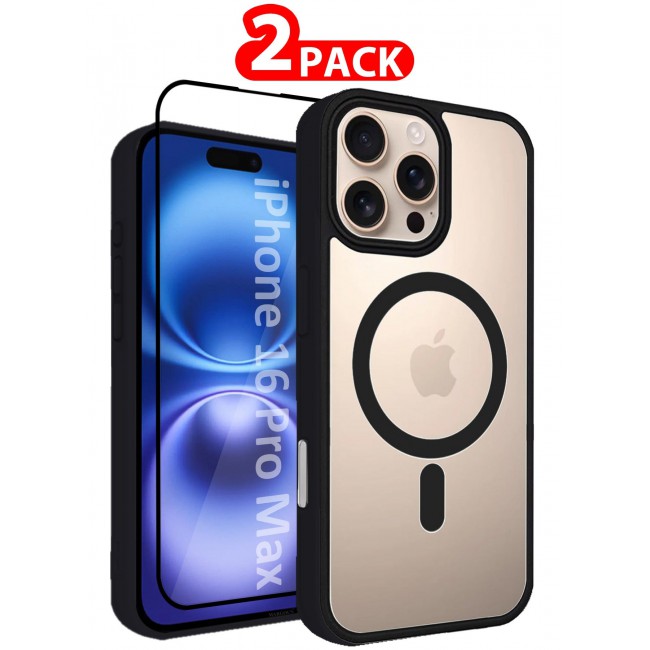 MARGOUN (for iPhone 16 Pro Max) 2Packs Magsafe Case Cover Sidecolor Magnetic Strong Shockproof Protective Slim Thin Translucent Cover with Screen Protector - Black-2