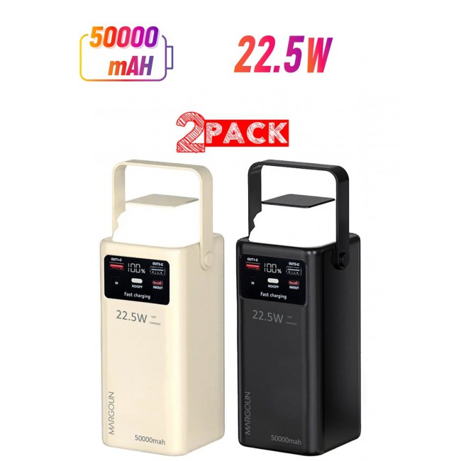 MARGOUN 50000 mAh 2Packs 50000mAh PD Power Bank with LED Display and 22.5W Fast Charging with 4 Built-in Cables and Camping Lamp - Black Beige