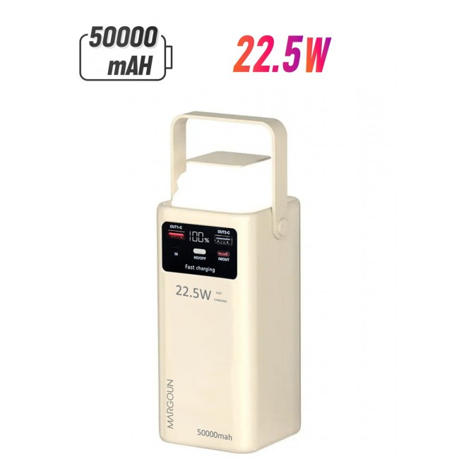 MARGOUN 50000 mAh 50000mAh PD Power Bank with LED Display and 22.5W Fast Charging with 4 Built-in Cables and Camping Lamp - Beige