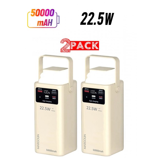 MARGOUN 50000 mAh 2Packs 50000mAh PD Power Bank with LED Display and 22.5W Fast Charging with 4 Built-in Cables and Camping Lamp - Beige-2