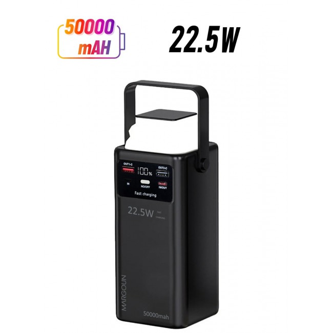 MARGOUN 50000 mAh PD Power Bank with LED Display and 22.5W Fast Charging with 4 Built-in Cables and Camping Lamp - Black