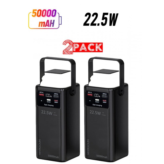 MARGOUN 50000 mAh 2 Packs PD Power Bank with LED Display and 22.5W Fast Charging with 4 Built-in Cables and Camping Lamp - Black-2