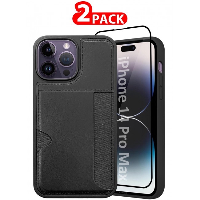 MARGOUN iPhone 14 Pro Max Case Leather Antifingerprint Cover with Wallet Card Slot Shell, Side Insert Card Holder, Anti Fall Protection - Pack of 2 - Black-2