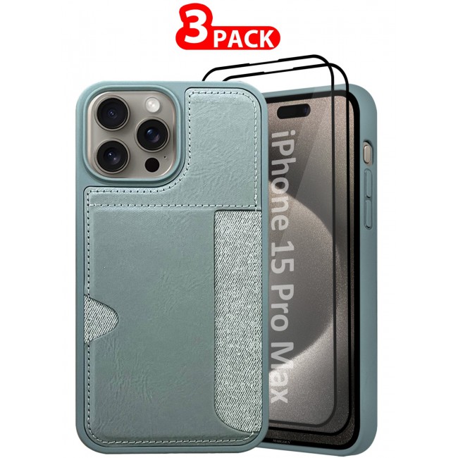 MARGOUN iPhone 15 Pro Max 3Packs Case Leather Anti Fingerprint Cover with Wallet Card Slot Shell, Side Insert Card Holder, Anti Fall Protection - Grey-3