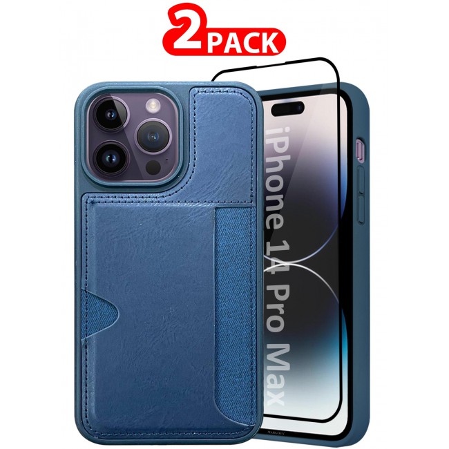MARGOUN iPhone 14 Pro Max 2Packs Case Leather Antifingerprint Cover with Wallet Card Slot Shell, Side Insert Card Holder, Anti Fall Protection - Blue-2