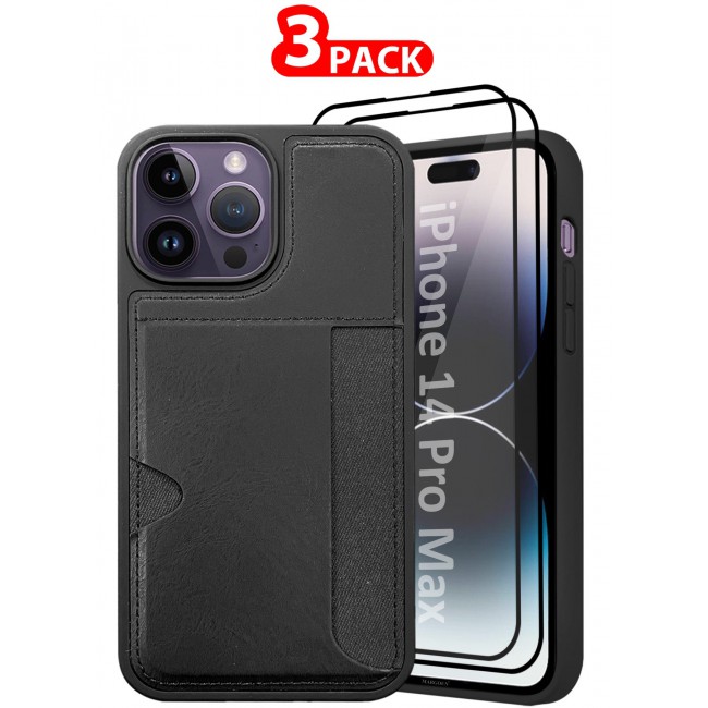 MARGOUN iPhone 14 Pro Max 3Packs Case Leather Antifingerprint Cover with Wallet Card Slot Shell, Side Insert Card Holder, Anti Fall Protection - Black-3