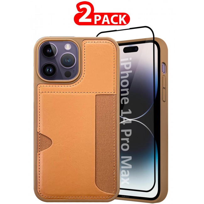MARGOUN iPhone 14 Pro Max 2Packs Case Leather Anti Fingerprint Cover with Wallet Card Slot Shell, Side Insert Card Holder, Anti Fall Protection - Brown-2