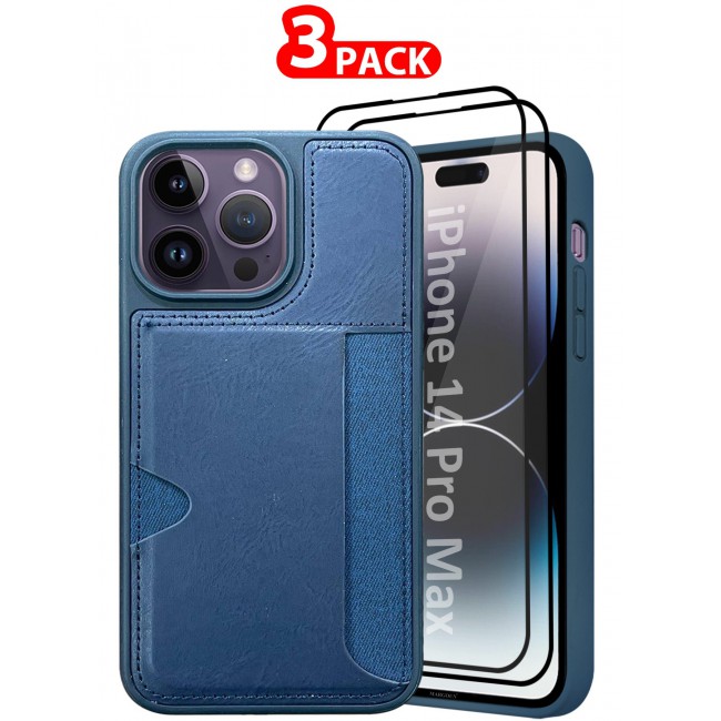 MARGOUN iPhone 14 Pro Max Case Leather Anti Fingerprint Cover with Wallet Card Slot Shell, Side Insert Card Holder, Anti Fall Protection - Pack of 3 - Blue-3