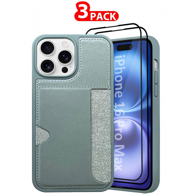 MARGOUN iPhone 16 Pro Max Case Leather Anti Fingerprint Cover with Wallet Card Slot Shell, Side Insert Card Holder, Anti Fall Protection - Pack of 3 - Grey-3