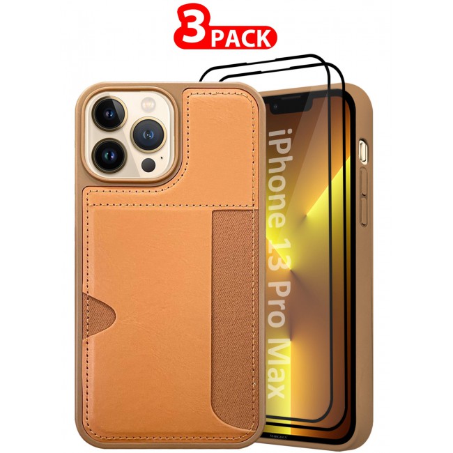 MARGOUN iPhone 13 Pro Max Case Leather Anti Fingerprint Cover with Wallet Card Slot Shell, Side Insert Card Holder, Anti Fall Protection - Pack of 3 - Brown-3