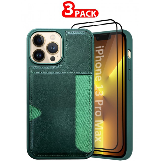 MARGOUN iPhone 13 Pro Max Case Leather Anti Fingerprint Cover with Wallet Card Slot Shell, Side Insert Card Holder, Anti Fall Protection - Pack of 3 - Green-3