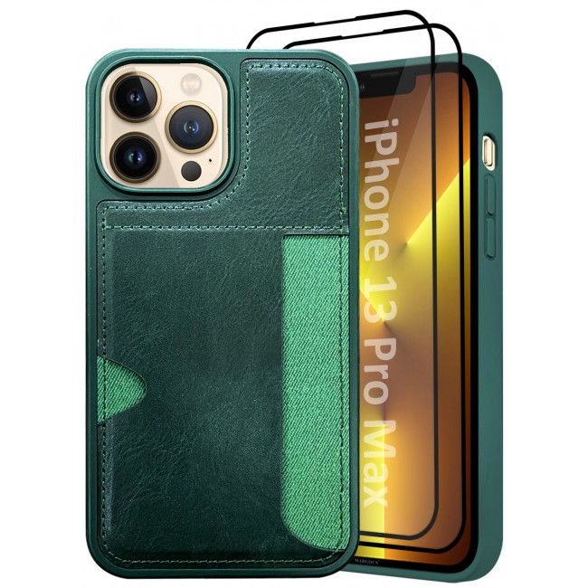 MARGOUN iPhone 13 Pro Max Case Leather Anti Fingerprint Cover with Wallet Card Slot Shell, Side Insert Card Holder, Anti Fall Protection - Pack of 3 - Green-3
