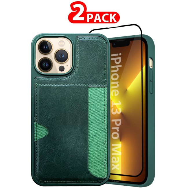 MARGOUN iPhone 13 Pro Max 2Packs Case Leather Antifingerprint Cover with Wallet Card Slot Shell, Side Insert Card Holder, Anti Fall Protection Green-2