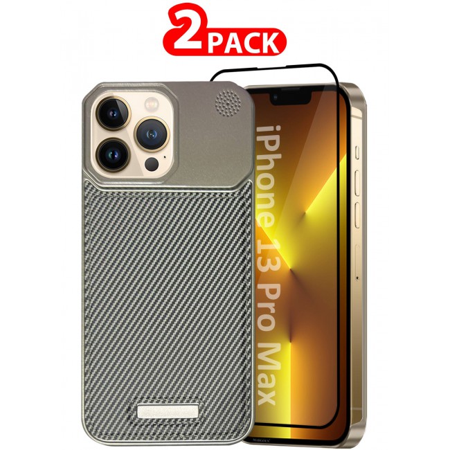 MARGOUN iPhone 13 Pro Max 2 Pack Case Leather Metal Design, Slim Lightweight Minimalist Cover,1 Case 1 Screen Protector Carbon Grey-2