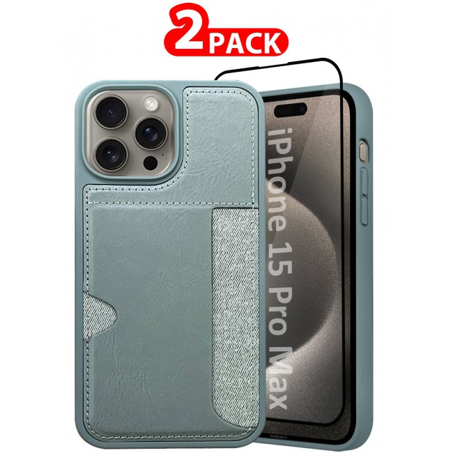 MARGOUN iPhone 15 Pro Max 2Packs Case Leather Antifingerprint Cover with Wallet Card Slot Shell, Side Insert Card Holder, Anti Fall Protection - Grey-2
