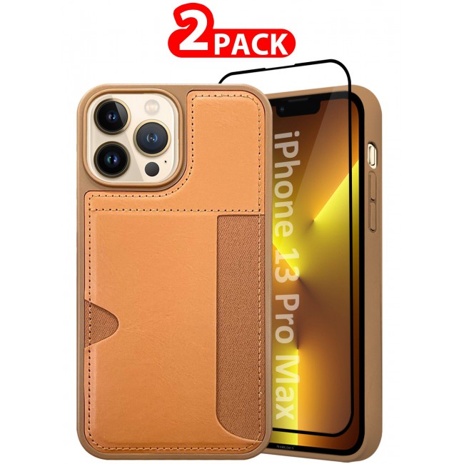 MARGOUN iPhone 13 Pro Max 2Packs Case Leather Antifingerprint Cover with Wallet Card Slot Shell, Side Insert Card Holder, Anti Fall Protection Brown-2