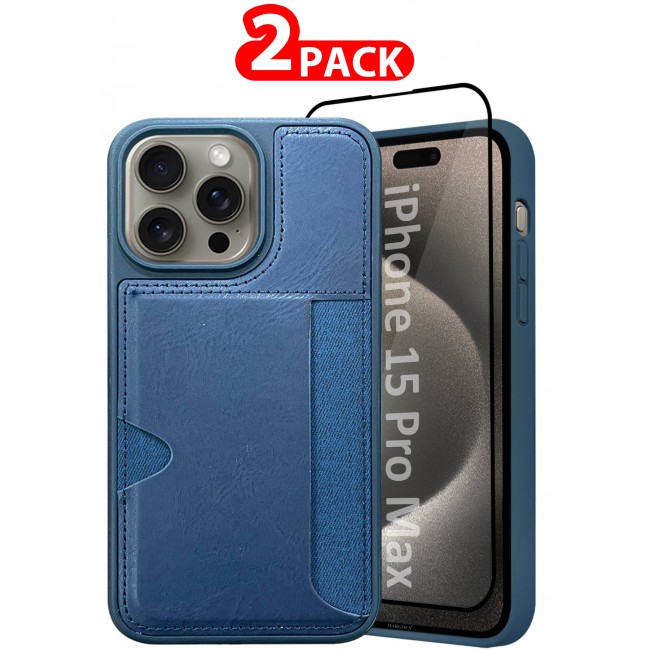 MARGOUN iPhone 15 Pro Max 2Packs Case Leather Antifingerprint Cover with Wallet Card Slot Shell, Side Insert Card Holder, Anti Fall Protection - Blue Blue-2