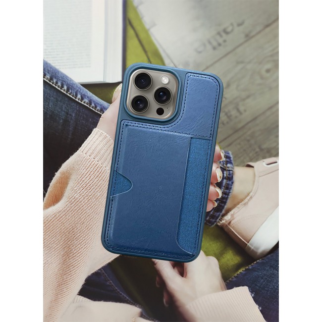 MARGOUN iPhone 15 Pro Max 2Packs Case Leather Antifingerprint Cover with Wallet Card Slot Shell, Side Insert Card Holder, Anti Fall Protection - Blue Blue-2