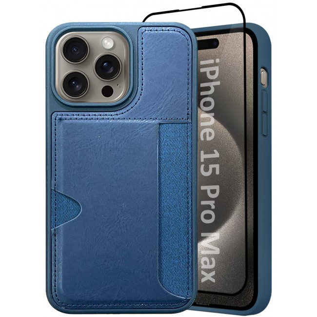 MARGOUN iPhone 15 Pro Max 2Packs Case Leather Antifingerprint Cover with Wallet Card Slot Shell, Side Insert Card Holder, Anti Fall Protection - Blue Blue-2