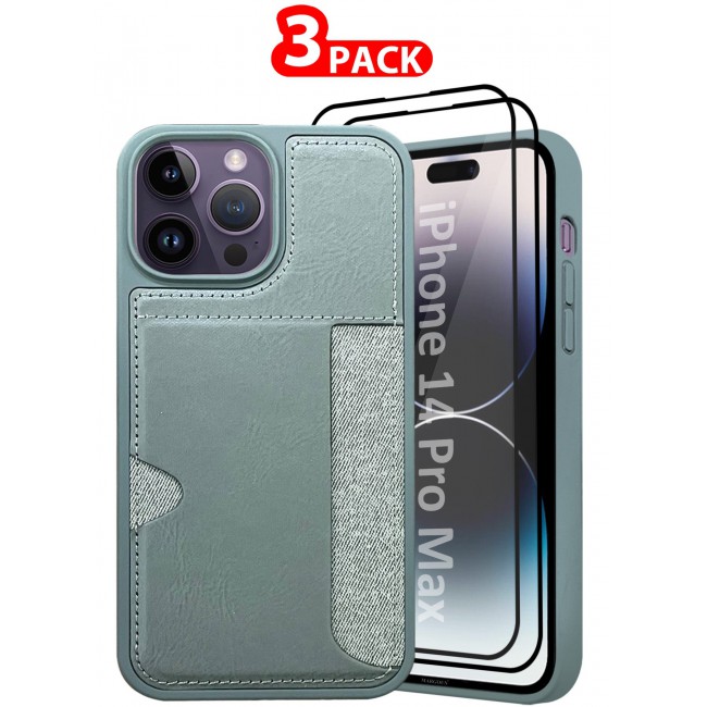MARGOUN iPhone 14 Pro Max 3Packs Case Leather Antifingerprint Cover with Wallet Card Slot Shell, Side Insert Card Holder, Anti Fall Protection Grey-3