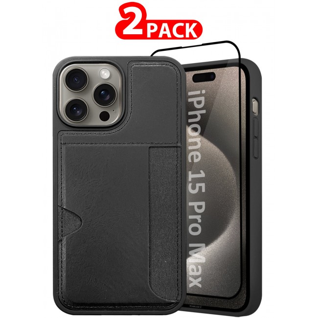 MARGOUN iPhone 15 Pro Max 2Packs Case Leather Antifingerprint Cover with Wallet Card Slot Shell, Side Insert Card Holder, Anti Fall Protection - Black Black-2