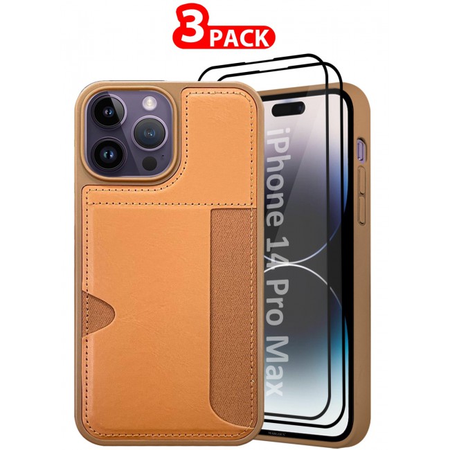 MARGOUN iPhone 14 Pro Max 3Packs Case Leather Antifingerprint Cover with Wallet Card Slot Shell, Side Insert Card Holder, Anti Fall Protection - Brown Brown-3